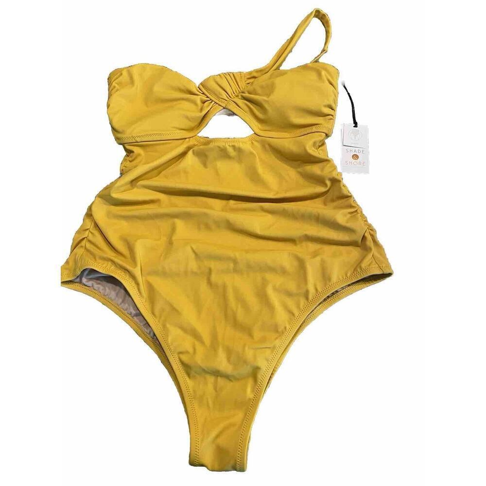 Shade And Shore A-symmetrical Swim Suit Gold Size M (8-10) NWT. MSRP $40 - Picture 2 of 6